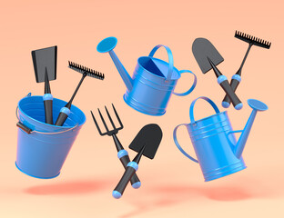 Watering can with garden tools like shovel, rake and fork on orange background.