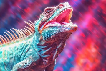portrait of a iguana on colorful lights background - obrazy, fototapety, plakaty