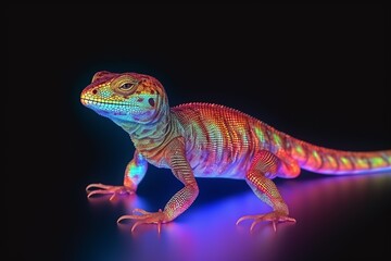 portrait of a iguana on colorful lights background