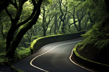 Obraz premium Beautiful landscape of a winding road in a forest. Generative AI