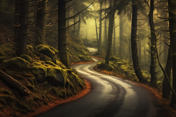 Fototapeta premium Beautiful landscape of a winding road in a forest. Generative AI