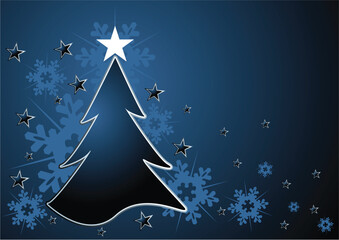 Christmas tree over blue background with snow crystals