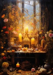 A candlelit shrine with offerings of flowers