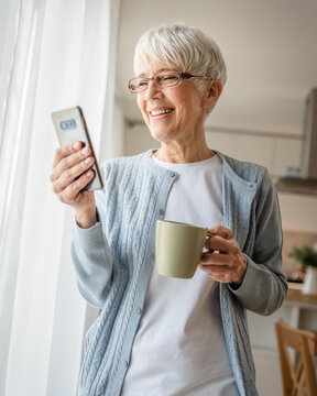 One senior woman with short gray hair use smartphone at home portrait