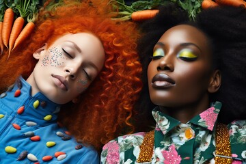 two female models sleeping with vegetables