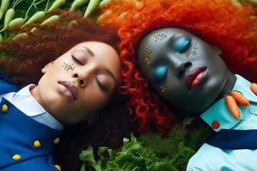 two female models sleeping with vegetables