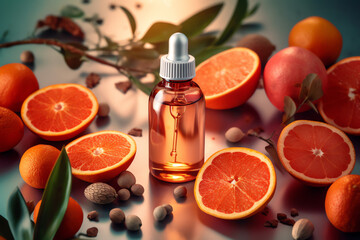 Natural vitamin c serum, skincare, essential oil products. Bottle of vitamin C serum with fresh juicy orange fruit. Beauty product branding mock-up. Ai generated - obrazy, fototapety, plakaty