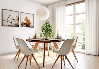 Chic interior design of modern scandinavian dining room with round wooden table. Created with generative AI - obrazy, fototapety, plakaty