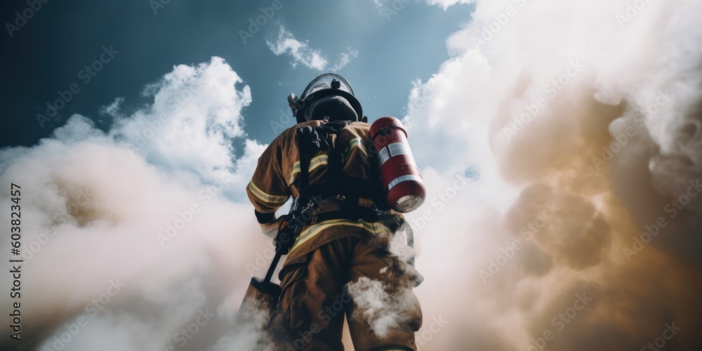 Poster a firefighter standing in front of a cloud of smoke. generative ai image.