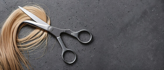 Hairdresser's scissors with strand of blonde hair, generative ai. - obrazy, fototapety, plakaty