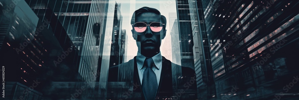Poster a man in a suit and tie standing in front of tall buildings. generative ai image.