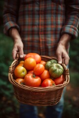 Man Holding Fresh Tomatoes in a Basket. Generative ai