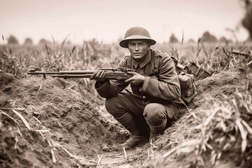 French soldier on the battlefield during the Great War of the early 20th century, created with Generative AI Technology