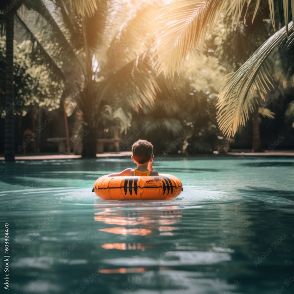 Poster a person in a pool with an inflatable raft. generative ai image.