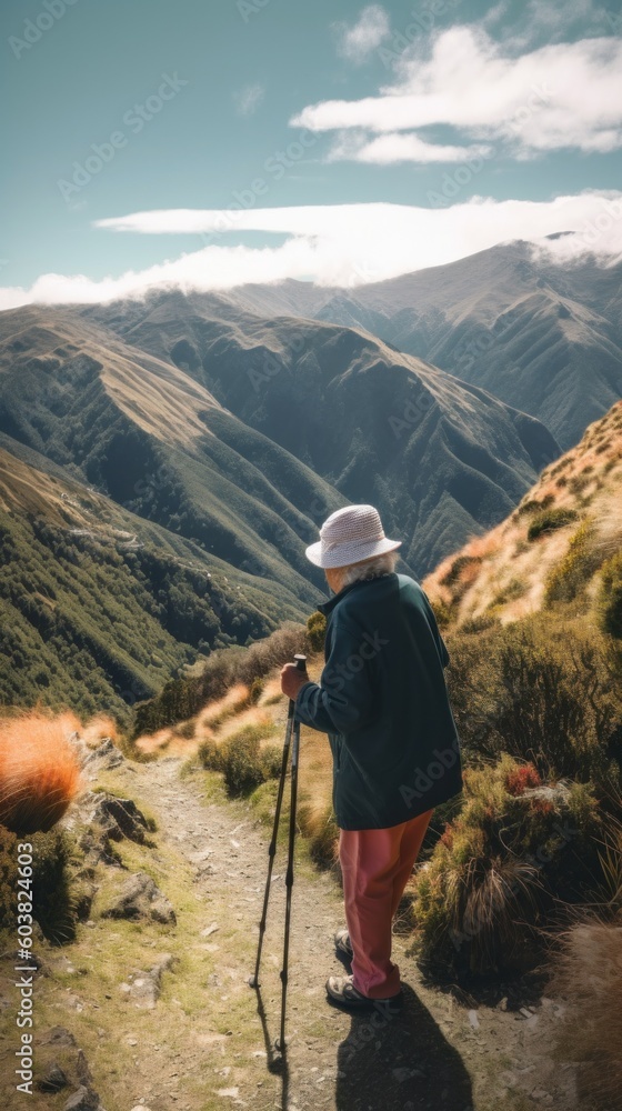 Aufkleber a person standing on a mountain with a camera. generative ai image.