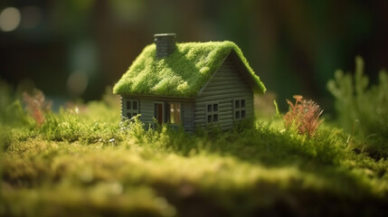 Fototapeta na wymiar Hut on a green field covered with grass. Generative AI