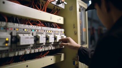 An electrician works with an electric cable. Generative AI