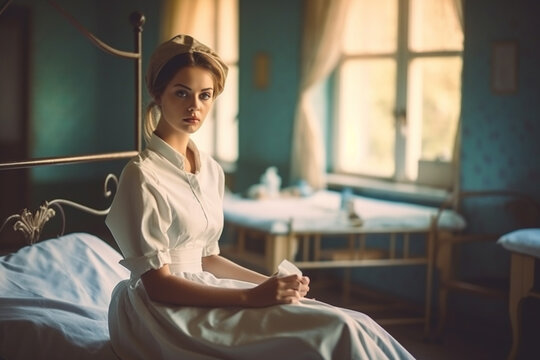 female nurse of 19th century in hospital in day time, created with Generative AI Technology