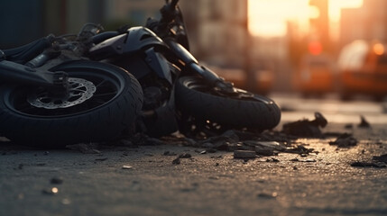 Fragments of a broken motorcycle on the pavement. Generative AI