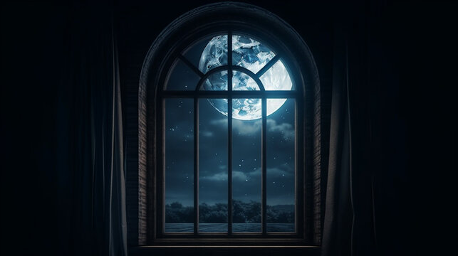 View of the moon through the window. Generative AI
