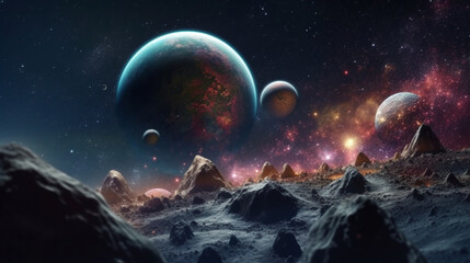 View from a lifeless planet to space and planets. Generative AI