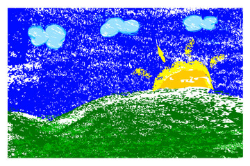 simple crayon vector hill flower sun, and cloud beyond the sky