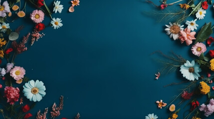 Flowers on a blue table. Generative AI
