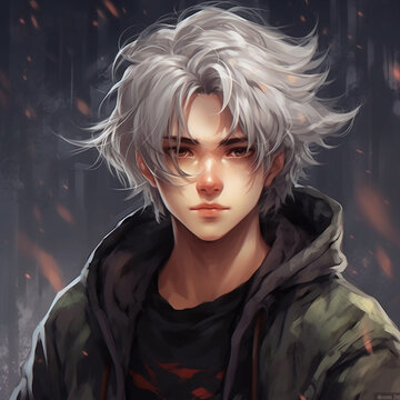 handsome anime guy with white hair