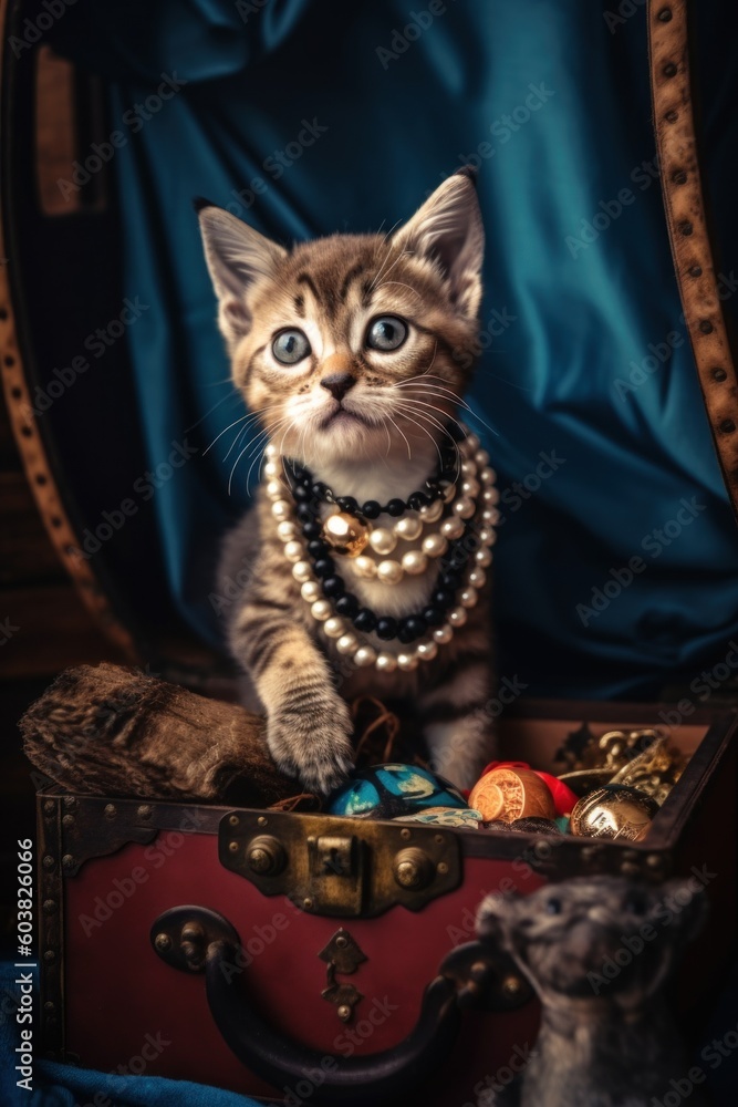 Poster a cat sitting on top of a red suitcase. generative ai image.
