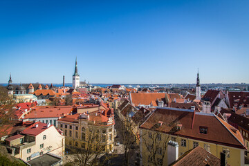Late afternoon sunset view overlooking the medieval walled city of Tallinn Estonia on an early autumn spring day in the Baltics region of Northern Europe.