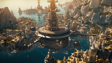 Illustration of a steampunk city - AI generated image.