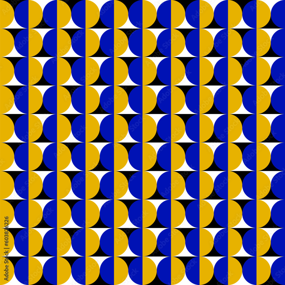 Poster optical illusion checkered seamless pattern with blue yellow circles. repeatable moving texture. psy