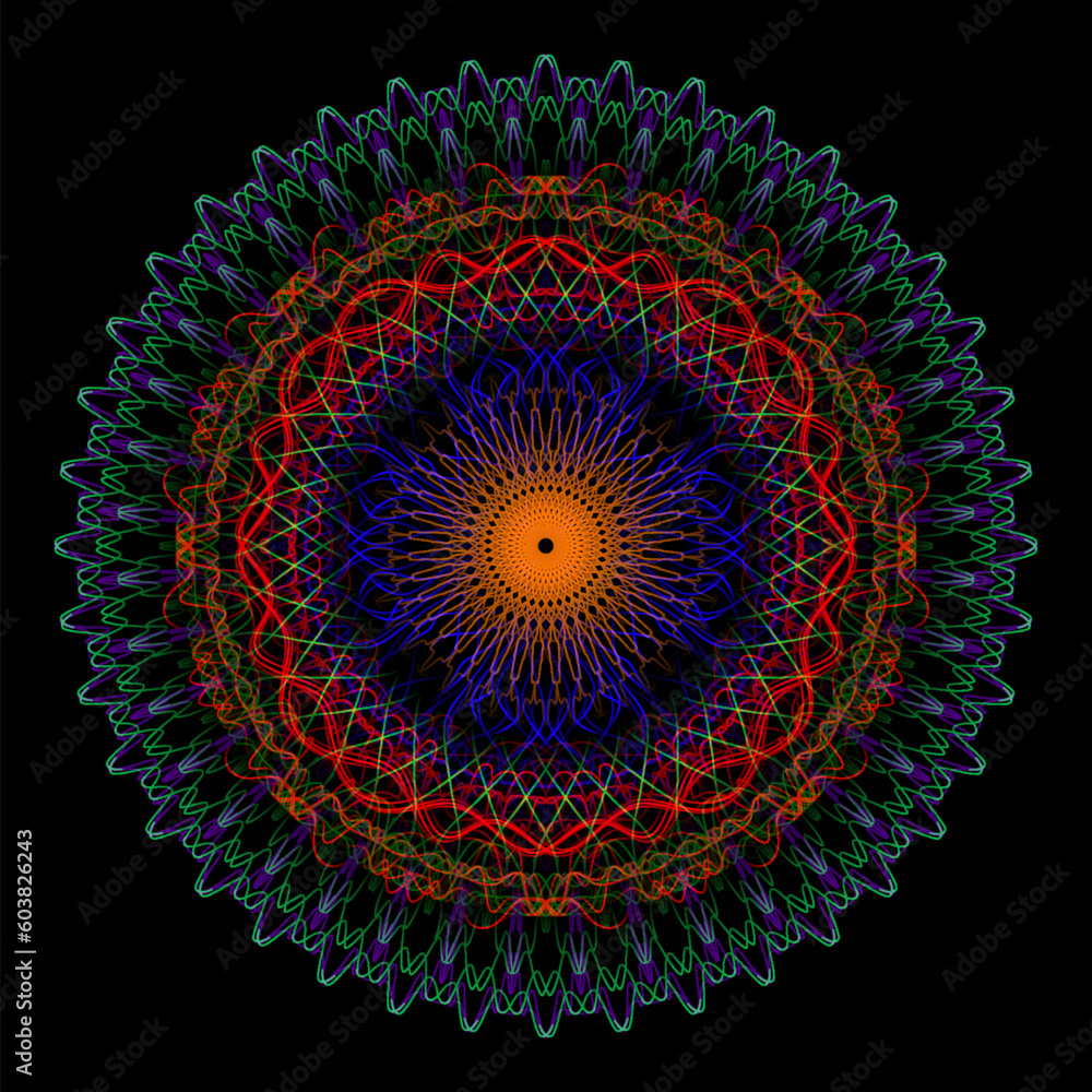 Poster glowing round pattern of many blending lines. colorful sacred scythian circular ornament.