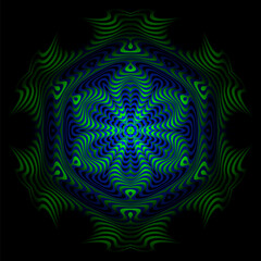 Round pattern in form of green blue black gradient flower. Optical art psychedelic background design.
