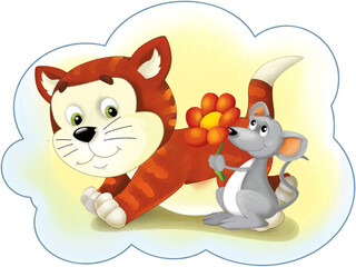 cheerful cartoon scene with happy cat doing something playing isolated illustration for kids