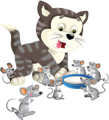 cheerful cartoon scene with happy cat doing something playing isolated illustration for kids