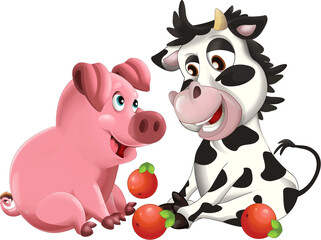 cheerful cartoon scene with funny looking cow calf and pig playing together illustration for kids