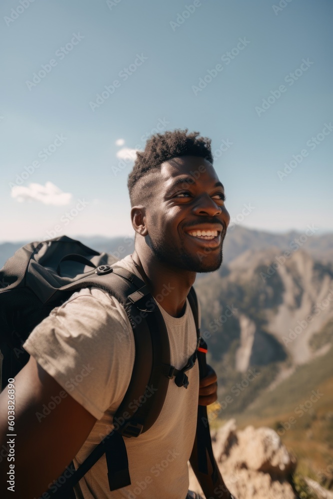 Poster a smiling man with a backpack on top of a mountain. generative ai image.