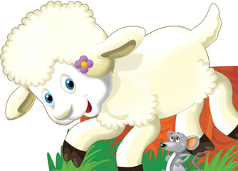 cheerful cartoon scene with funny looking farm sheep smiling illustration for children