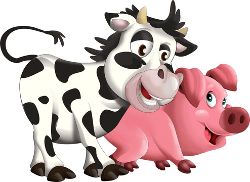 cheerful cartoon scene with funny looking cow calf and pig playing together illustration for kids