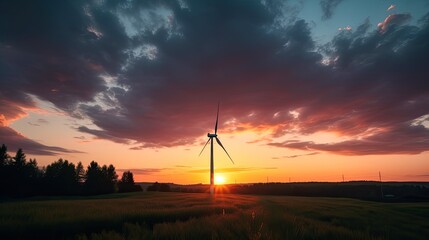 Obraz premium Earth Day. Low angle shot of a single wind turbine framed by the colorful clouds of a dramatic sunset, progress and sustainability. Generative ai