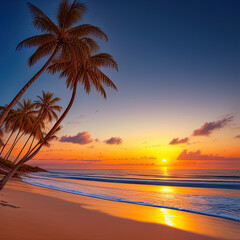 Fototapeta na wymiar Palm trees on the sandy shore of a tropical island during sunset, Generative AI.