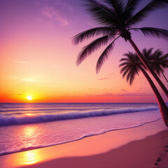Obraz na płótnie Canvas Waves crashing on the sandy beach of a tropical island during sunset, Generative AI.