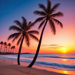 Obraz na płótnie Canvas Long sandy beach of a tropical island and sunset, Generative AI.