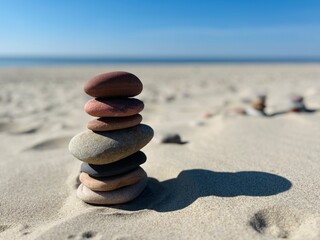 Fototapeta na wymiar Small stones pyramid on the sand, sandy beach, sea horizon 