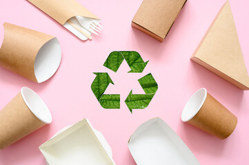 Zero waste and recycling concept. Eco friendly disposable paper and cardboard tableware and recycle...