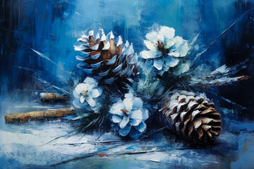 Christmas blue wood background, Christmas frame, pine cones wooden surface. Generative Ai Illustration. 