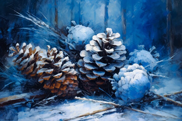 Fototapeta na wymiar Christmas blue wood background, Christmas frame, pine cones wooden surface. Generative Ai Illustration. 