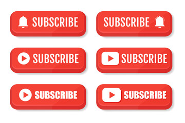 Subscribe, bell button and hand cursor. Red button subscribe to channel, blog. Social media background. Marketing. Vector illustration on a white background.
