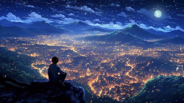 Anime japanese starry night from a mountain peak landscape wallpaper